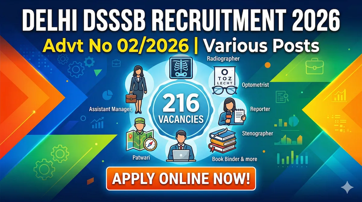 Delhi DSSSB Assistant Manager, Assistant Grade I, Radiographer, Optometrist, Reporter, Patwari, Assistant, Stenographer,  Book Binder & Other Various Post Advt No 02/2026 Recruitment 2026 Apply Online for 216 Post - Job Notification